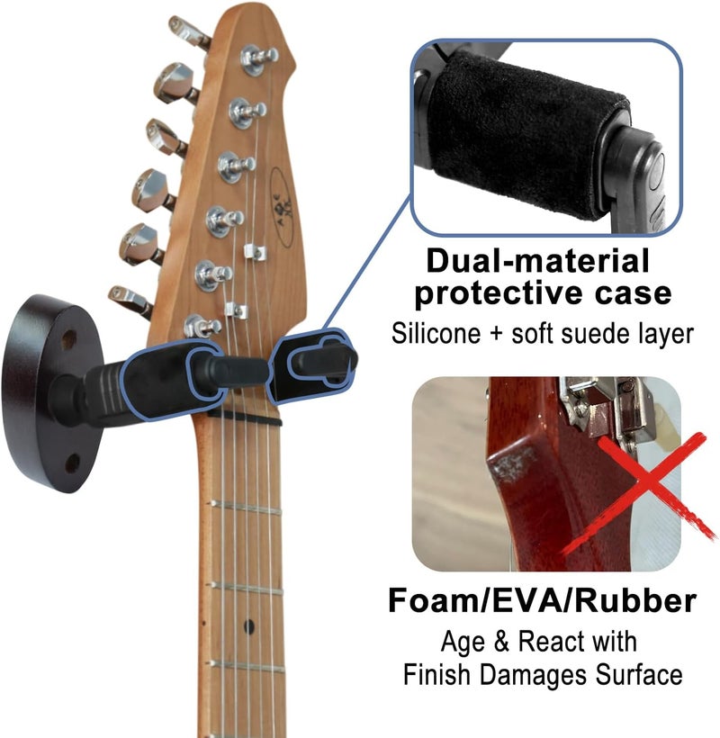 AUPHY 2-Pack Guitar Wall Hanger, Auto-Lock Guitar Wall Mount with Nitro-Safe Velvet, Universal Holder for Acoustic/Electric/Bass Guitars - Wall Guitar Mount Value Set (Wood Black) - Image 2
